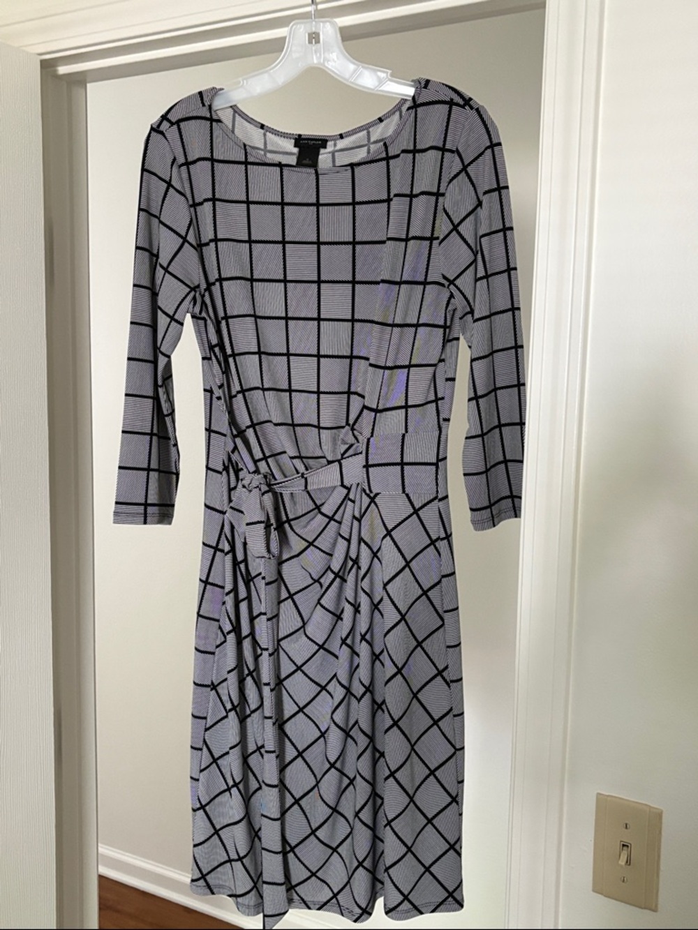 Ann Taylor Black and Gray Windowpane Grid Dress with Tie-Waist